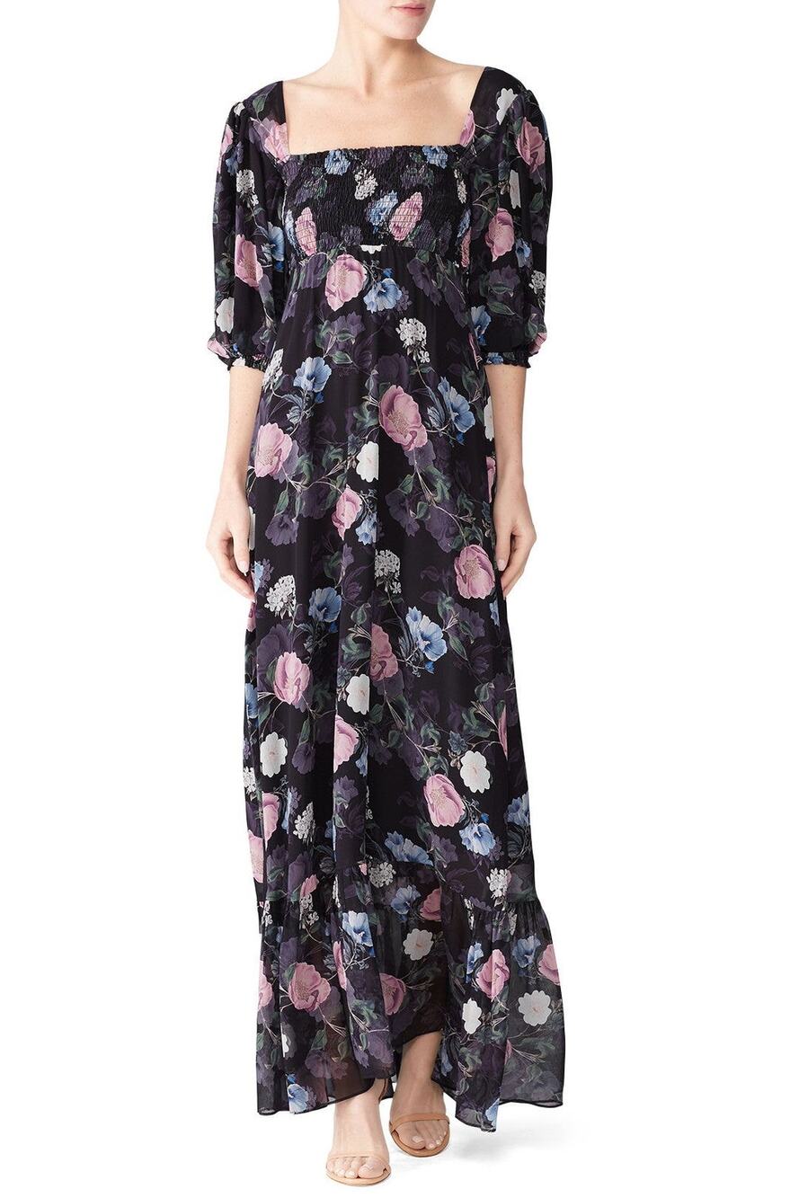 Nicholas Black Floral Silk Square Neck Smocked Maxi Dress Size 0